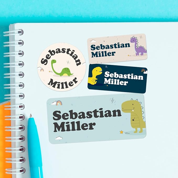 Personalized Name Tag Stickers for Kids | Dinosaur Waterproof Labels for School by Cryptonite