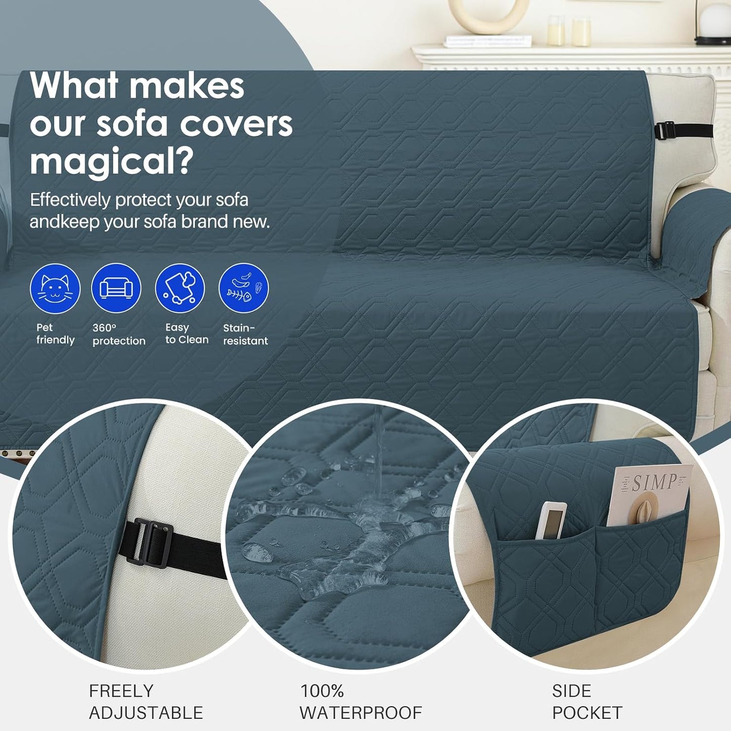 Waterproof Sofa Sofa Cover Couch Covers for 3 Cushion Couch, Washable Slipcover with Pockets & Non-Slip Elastic Straps, Furniture Protector for Pets Kids Dog(Dark Green,Sofa)