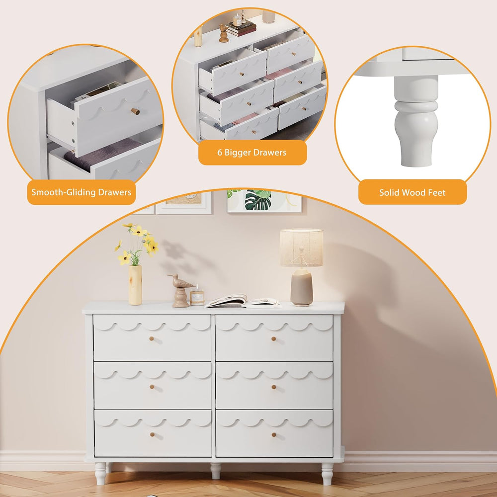 Anbuy Scalloped Dresser for Bedroom White 6 Drawer Dresser for Girls, Modern ...