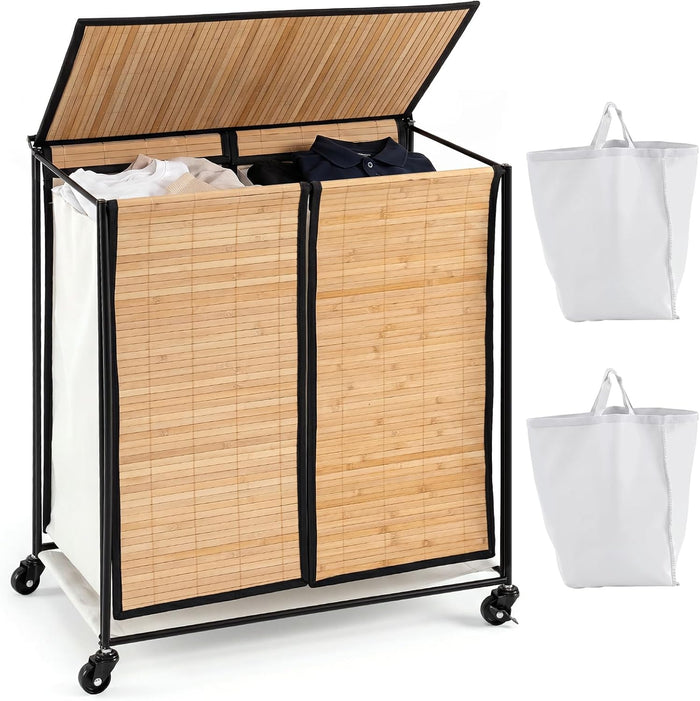 GOFLAME Bamboo Laundry hamper with Lid, 2-Section Rolling Laundry Basket with Removable Liners and Wheels, 70L Large Clothes Laundry Hamper for Bedroom, Bathroom, Laundry Room