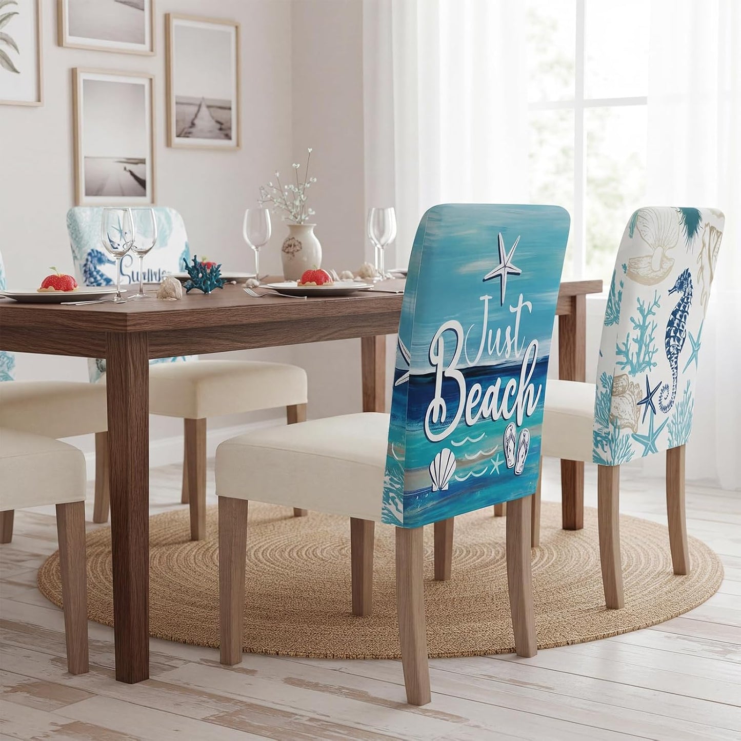 FuWeave 6 Pcs Summer Beach Chair Covers Blue Ocean Coastal Chair Back Covers Decorative Starfish Coral Seat Protector Washable Nautical Dining Room Slipcovers for Farmhouse Hotel Kitchen Decor