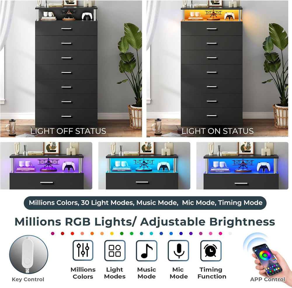 AOGLLATI Black Tall Dresser for Bedroom with Column Design & Led Lights, ...