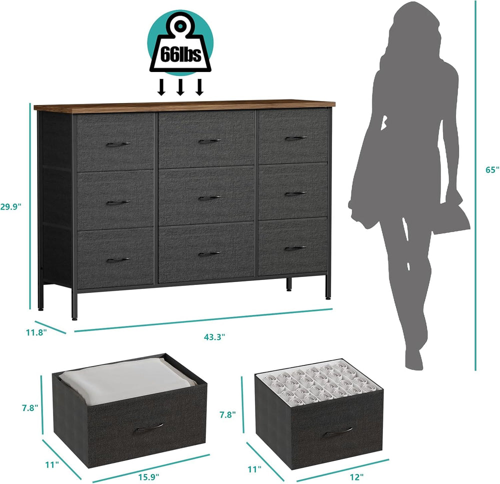 VASICAR Wide TV Stand for Bedroom, Black Dresser with 9 Deep Drawers