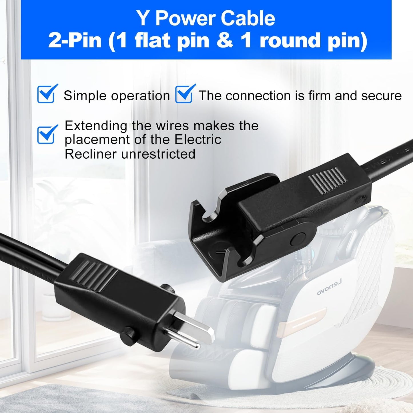 6.6 Feet Power Cord for Recliner Chair, 2 Pin Connector Power Extension Cable for Okin、Limoss、Lazboy、Pride、Catnapper Electric Lift Chair, Recliner Sofa, Electric Couch Extension Cord Replacement Parts