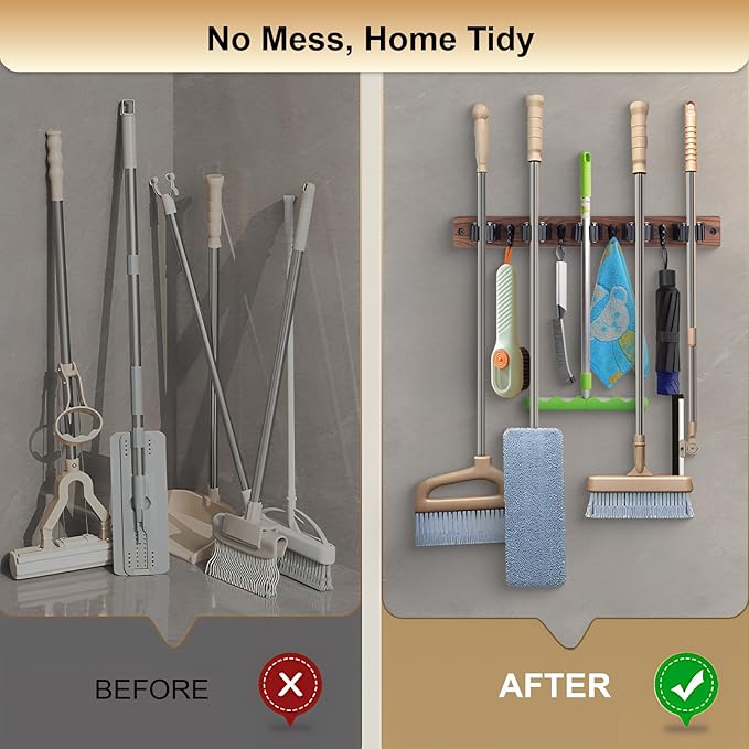 Broom Holder Wall Mount With 5 Slots & 4 Hooks，Rustic Wood Broom & Mop - Image 4