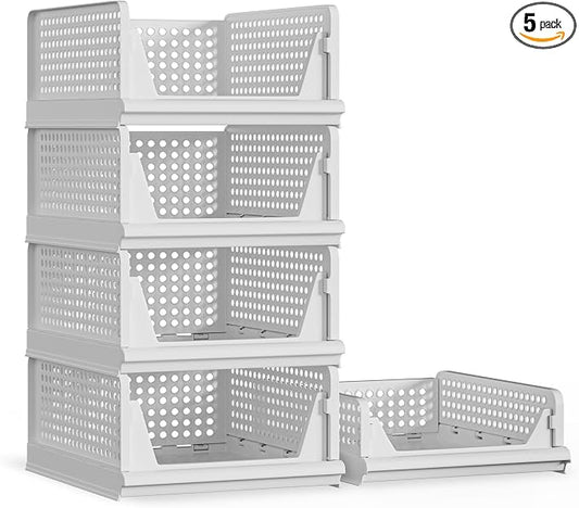 Proarea 5 Pack Stackable Plastic Storage Basket Closet Organizer Bin Foldable by Proarea