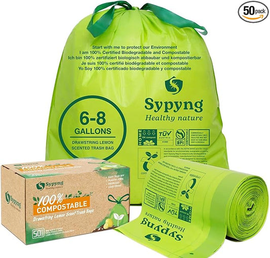 Compostable Trash Bags 6-8 Gallon – Heavy Duty, 1.1 Mil Thick, 100% by Sypyng
