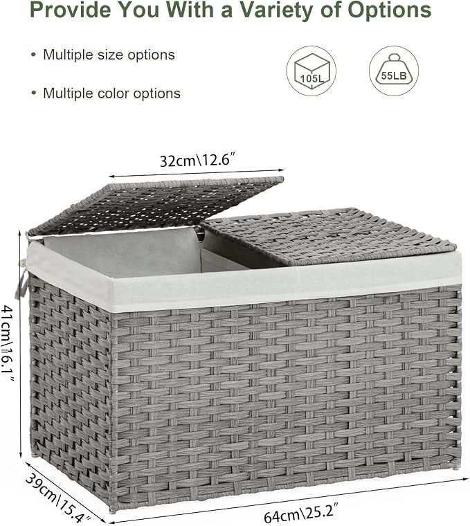 Storage Basket with Lid Rattan Storage Basket with 2 Separate Lid, 27.8 Gallon - Image 4
