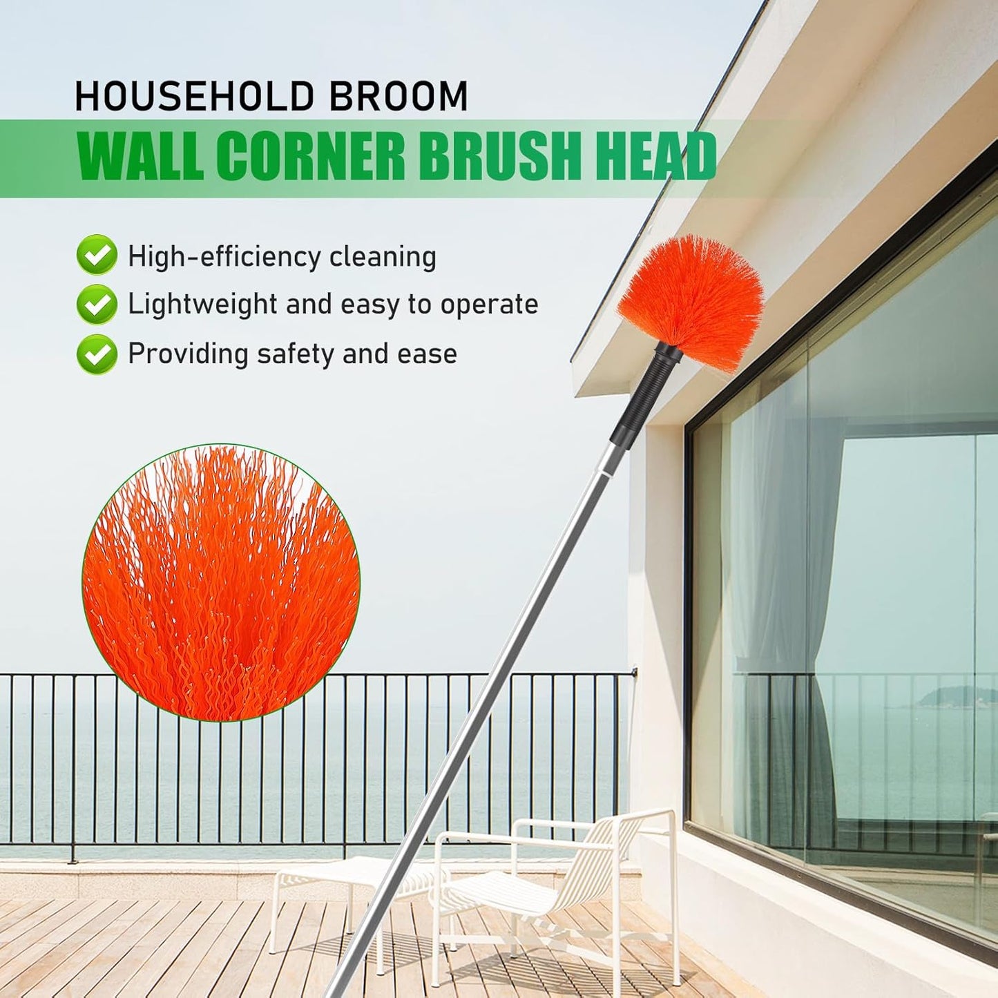 Cobweb Duster Head Spiderweb Brush Handheld Web Remover with Orange Bristles for Indoor Ceiling and Wall Dusting
