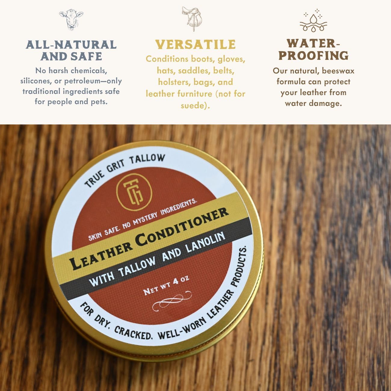 Leather Conditioner - Grass-Fed Beef Tallow and Lanolin with Cedar Oil - for Boots, Car Seats, Furniture, Bags, Saddles and Jackets, 4 oz