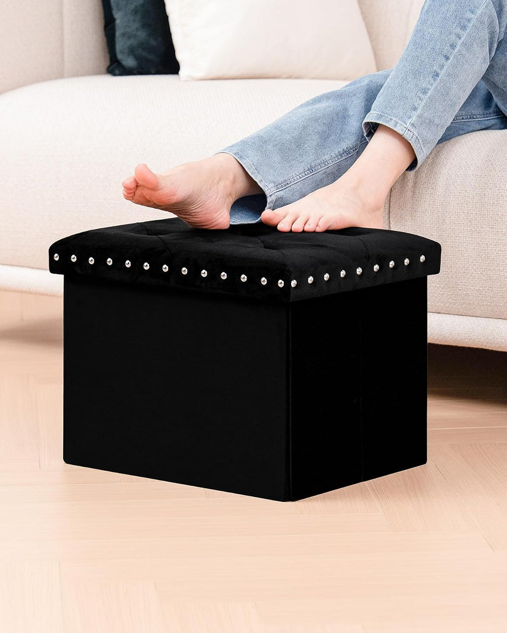 B FSOBEIIALEO Storage Ottoman Cube, 16.5" Velvet Folding Ottoman, Black