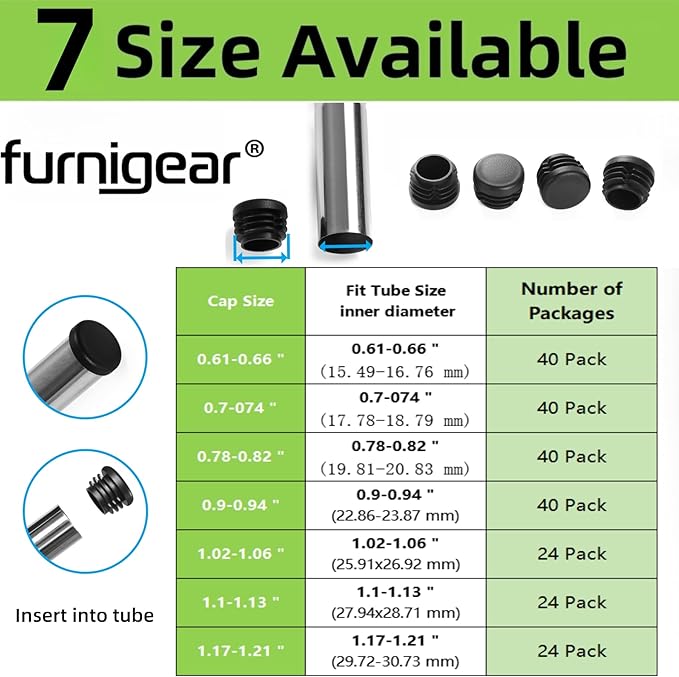 Plastic Plugs Tubing End Caps- Furnigear Black Chair End Cap 1 1/8" Outside - Image 3