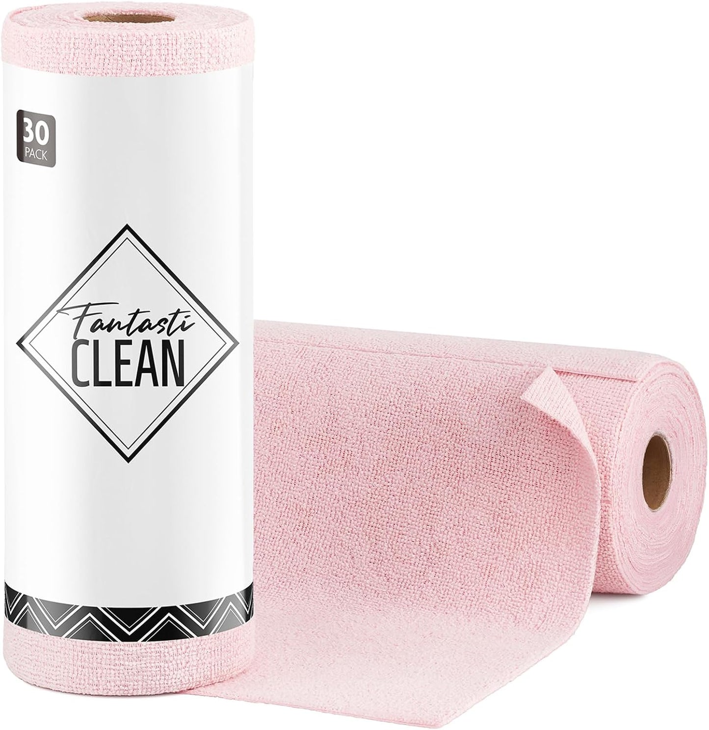 Fantasticlean Microfiber Cleaning Cloth Roll- 30 Sheets, 12" x 12" (Pink) | Super Absorbent, Lint-free, Tear-away Microfiber Towel Roll, for All-Purpose Cleaning, Reusable Alternative to Paper Towels