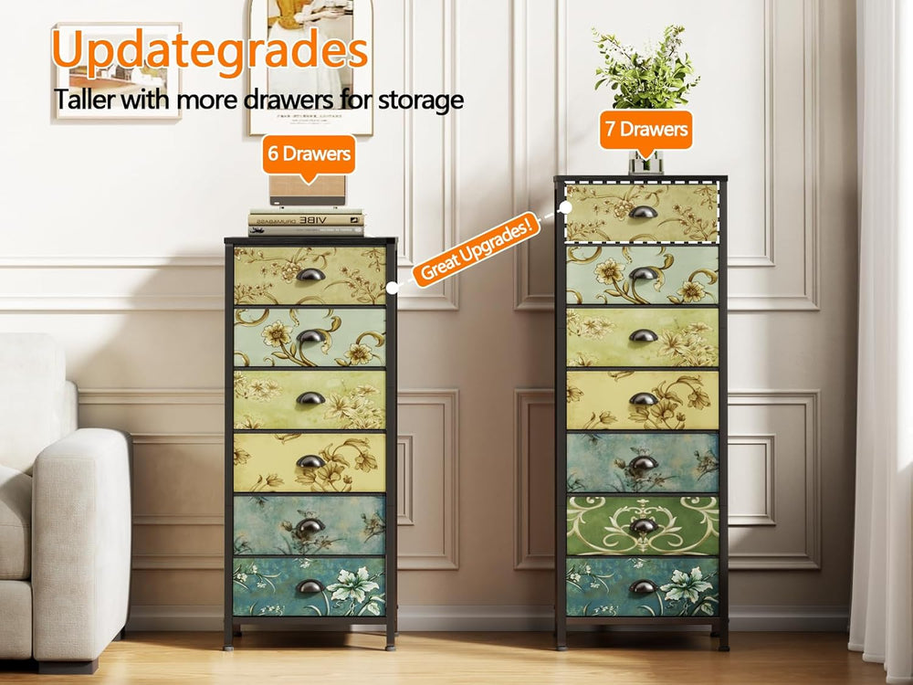 Furnulem 7 Drawer Tall Dresser for Bedroom, Vintage Fabric Chest of Drawers