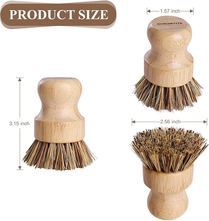 Bamboo Dish Brush Set, 4 Pack Kitchen Palm Pot Brush - Image 6