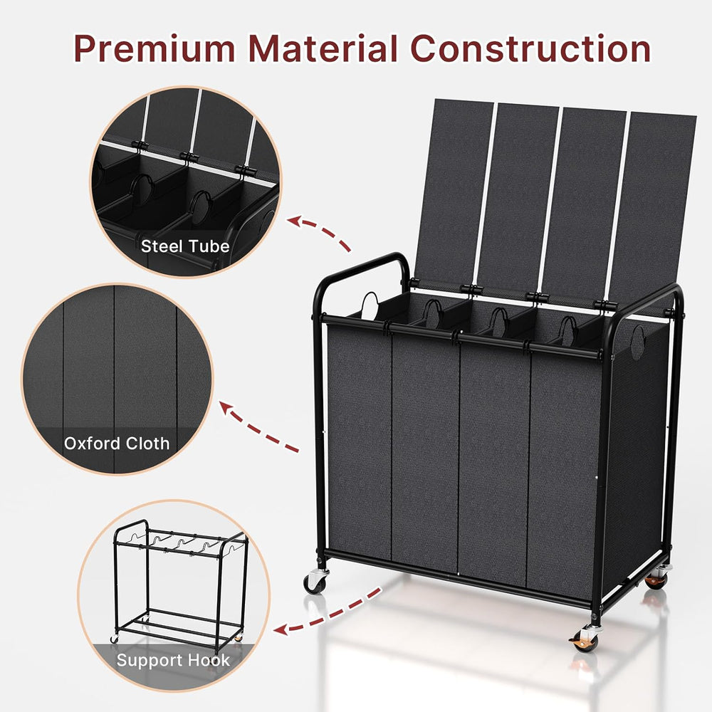 180L Laundry Sorter 4 Section with Lockable Wheels and Lid Black