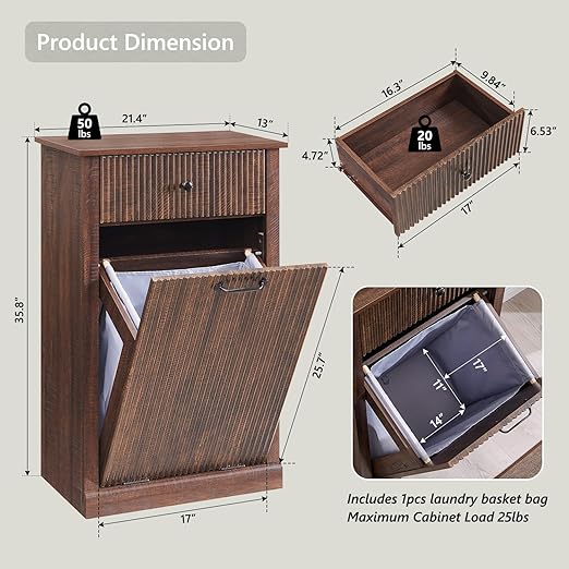 Modern Tilt-Out Trash Can Cabinet, 10 Gallon Fluted Laundry Hamper Cabinet - Image 2