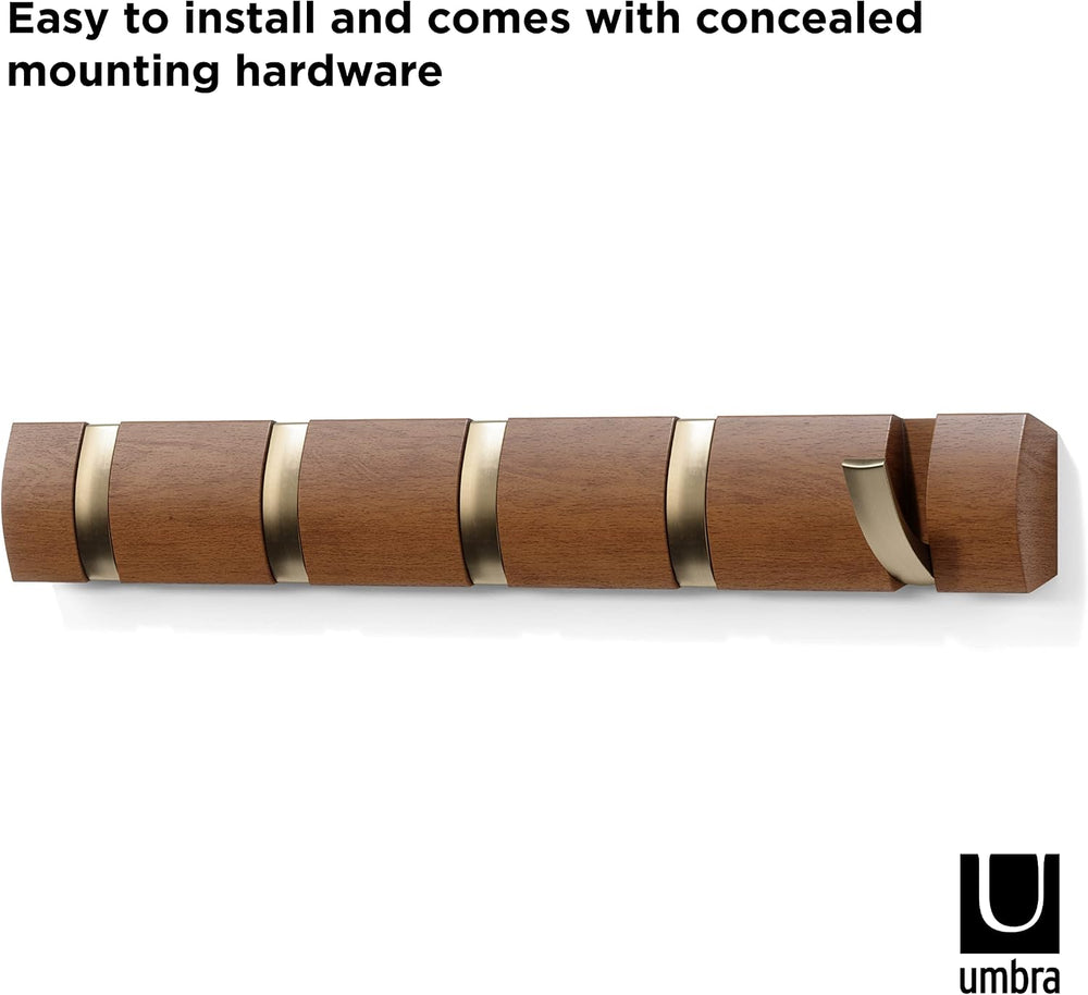 Umbra Flip Coat Rack, Wall Mounted 5-Hook Space Saving, Walnut/Gold