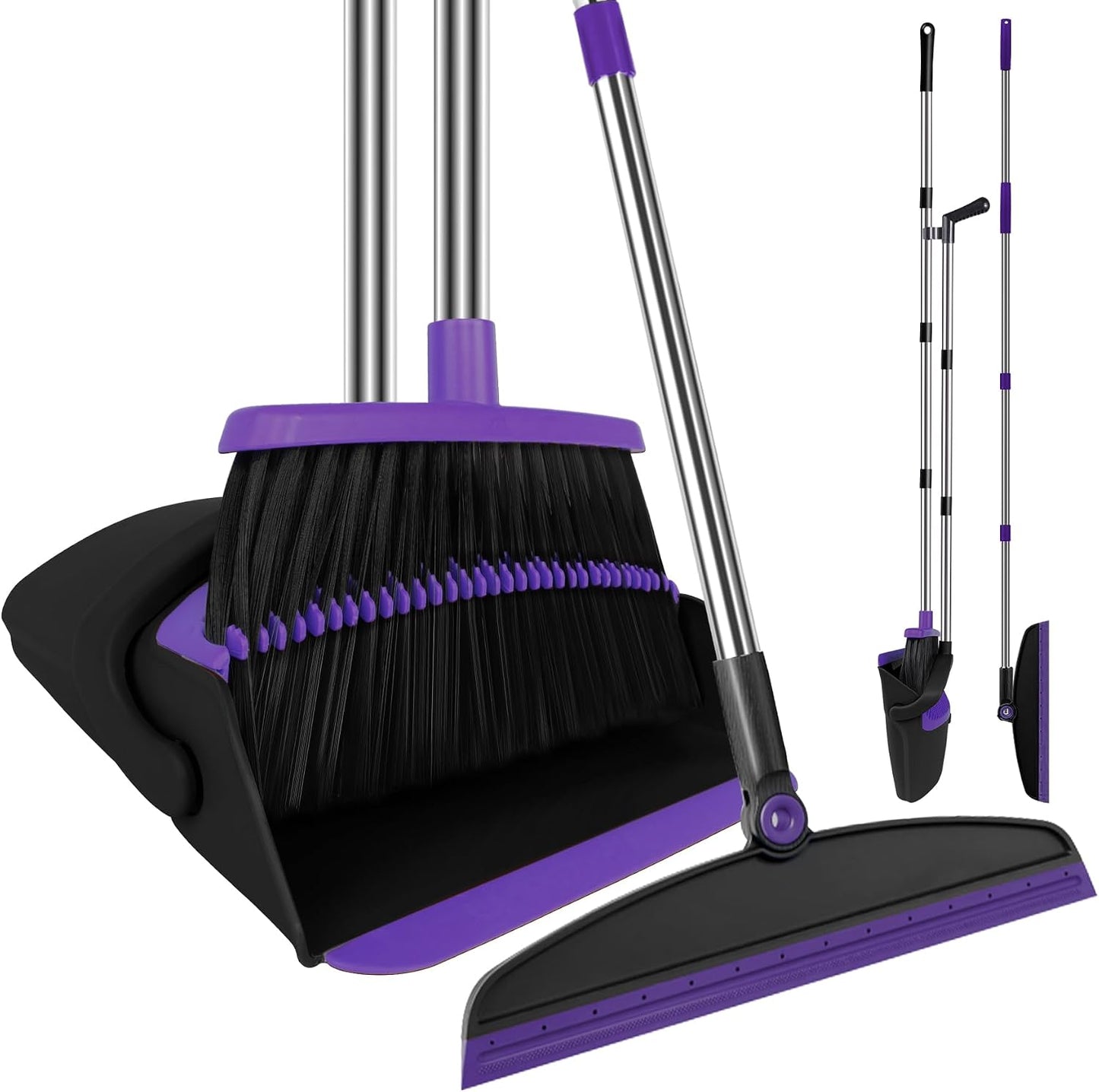 Broom and Dustpan Combo Set, 51" Long Handle Broom with Squeegee | Wet & Dry Cleaning for Pet Areas, Built-in Comb Dustpan, Foldable Space-Saving Storage, Multi-Surface Floor Cleaning