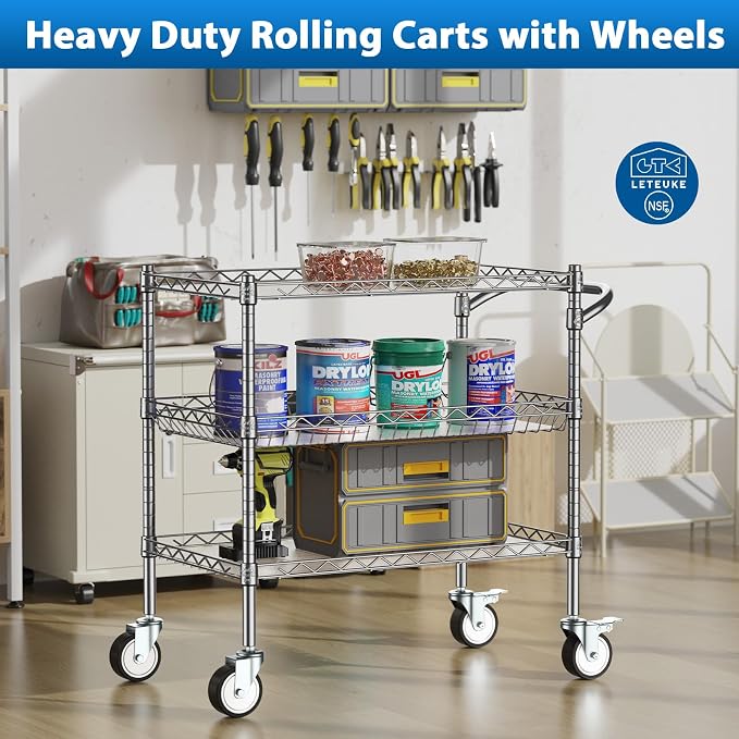 Leteuke Heavy Duty 3 Tier Rolling Utility Cart, NSF Certified 990Lbs Capacity - Image 2