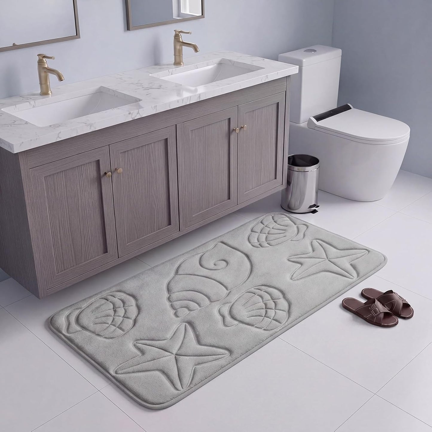 Tinideya Set of 2 Memory Foam Shell Starfish Bath Rugs Sets Ocean Beach Bathroom Mat Soft Absorbent Non Slip Floor Carpet for Coastal Bedroom Living Room Kitchen Entryway Indoor Decorations