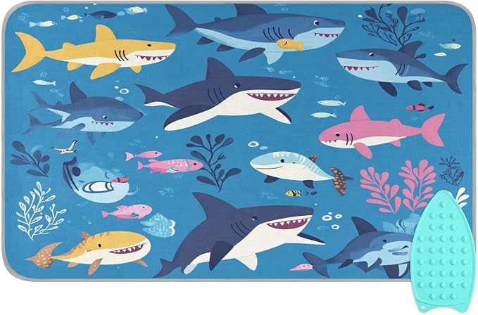 Sharks Fishes and Seaweed Blue Ironing Mat Thickened Ironing Blanket Travel by QwThum