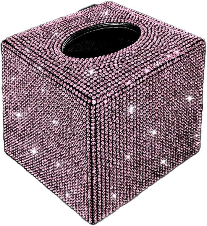 Bling Crystal Rhinestone Rectangular Tissue Box Cover - Sparkling Facial Napkin Dispenser Holder for Car Home Office for Women or Men (Pink)