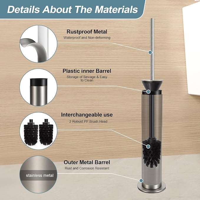 BGL Toilet Brush and Holder Set, Heavy Duty 304 Stainless Steel, Round Base and - Image 2