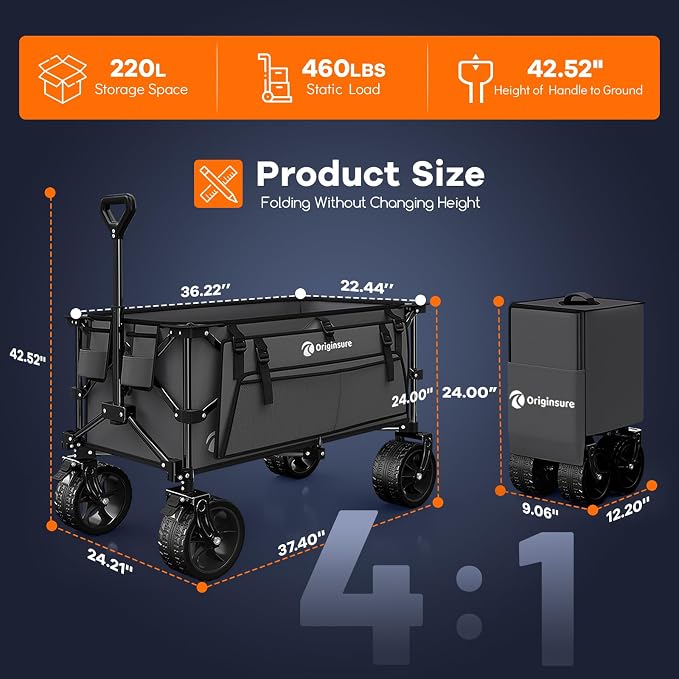 220L Collapsible Wagon Cart Foldable, 460lbs Load Capacity Heavy Duty Folding - Image 4