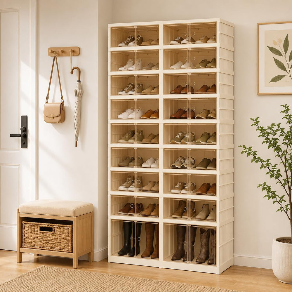 Collapsible Shoe Rack Organizer, Clear Doors Plastic Shoe Storage Cabinet