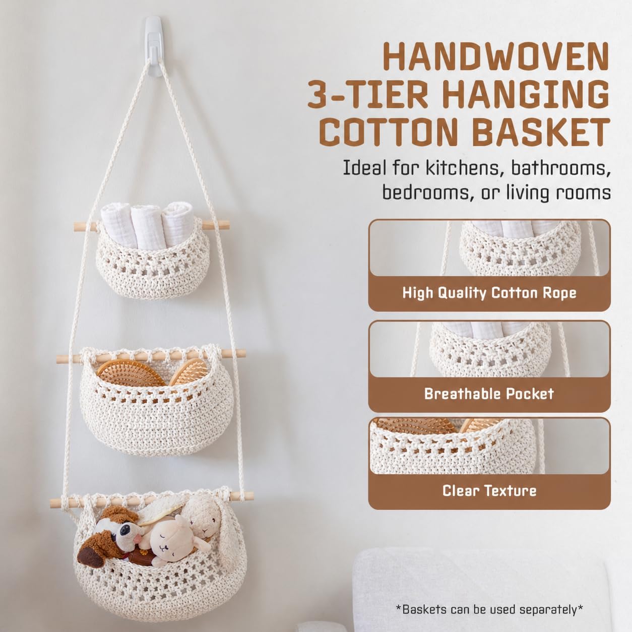Cotton Hanging Fruit Basket, 3 Tier Woven Wall Basket, Hanging storage baskets for Kitchen and Bathroom, Macrame Wall Hanging, Boho Decor Over The Door Organizer, White