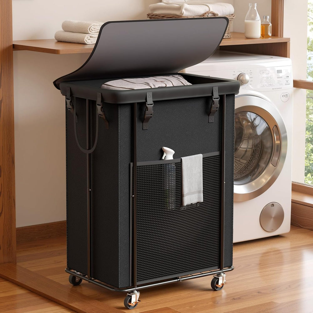 Laundry Hamper with Wheels and Lid, 200L Large Rolling Laundry Basket Black