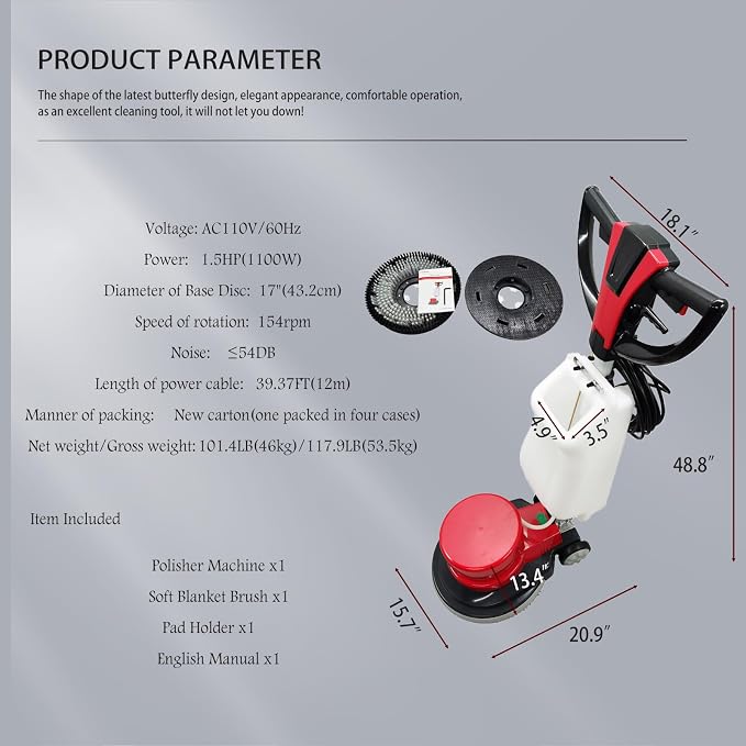 1100W Red Floor Polisher Commercial Floor Cleaner Polishing Machine Carpet - Image 4