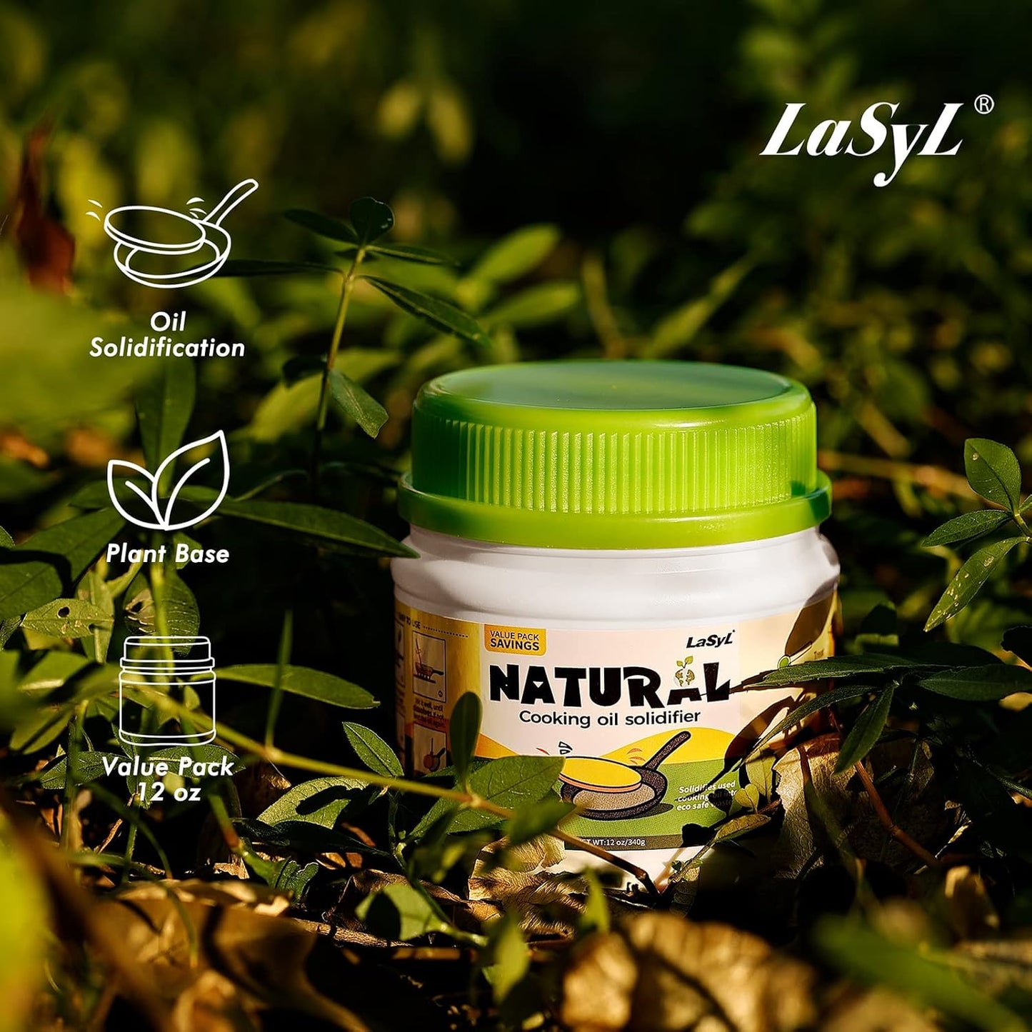 LaSyL Natural Cooking Oil Solidifier Powder, Harden Up to 2.25 Gallon of Fry Oil Away from Mess, 100% Plant-Based Hardener for Disposal, Value Pack 12 Oz
