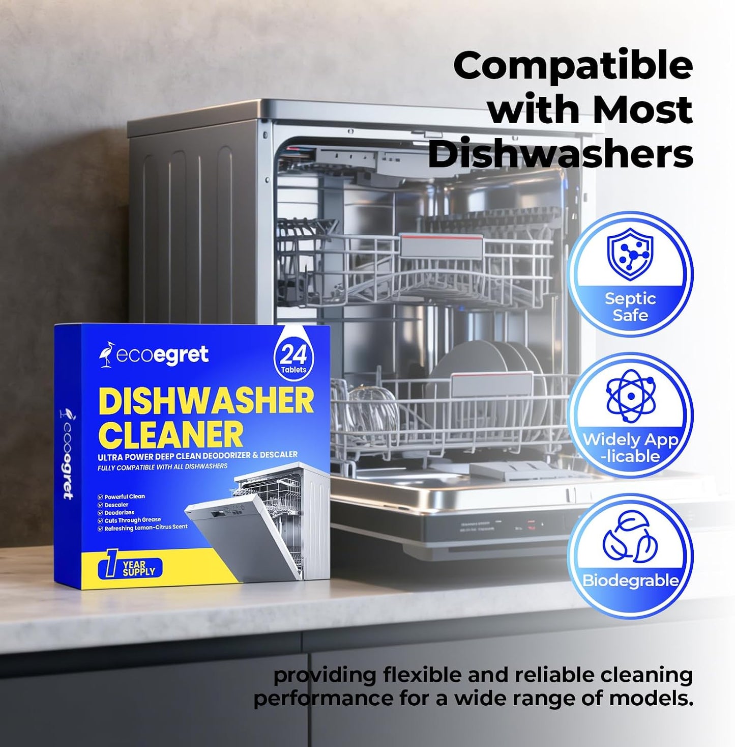 Dishwasher Cleaning Tablets (24 Count) - with Fresh Lemon Scent Dishwasher Cleaner and Deodorizer, Deep Cleans & Descales, Fits All Dishwashers, Septic Safe, 12 Month Supply