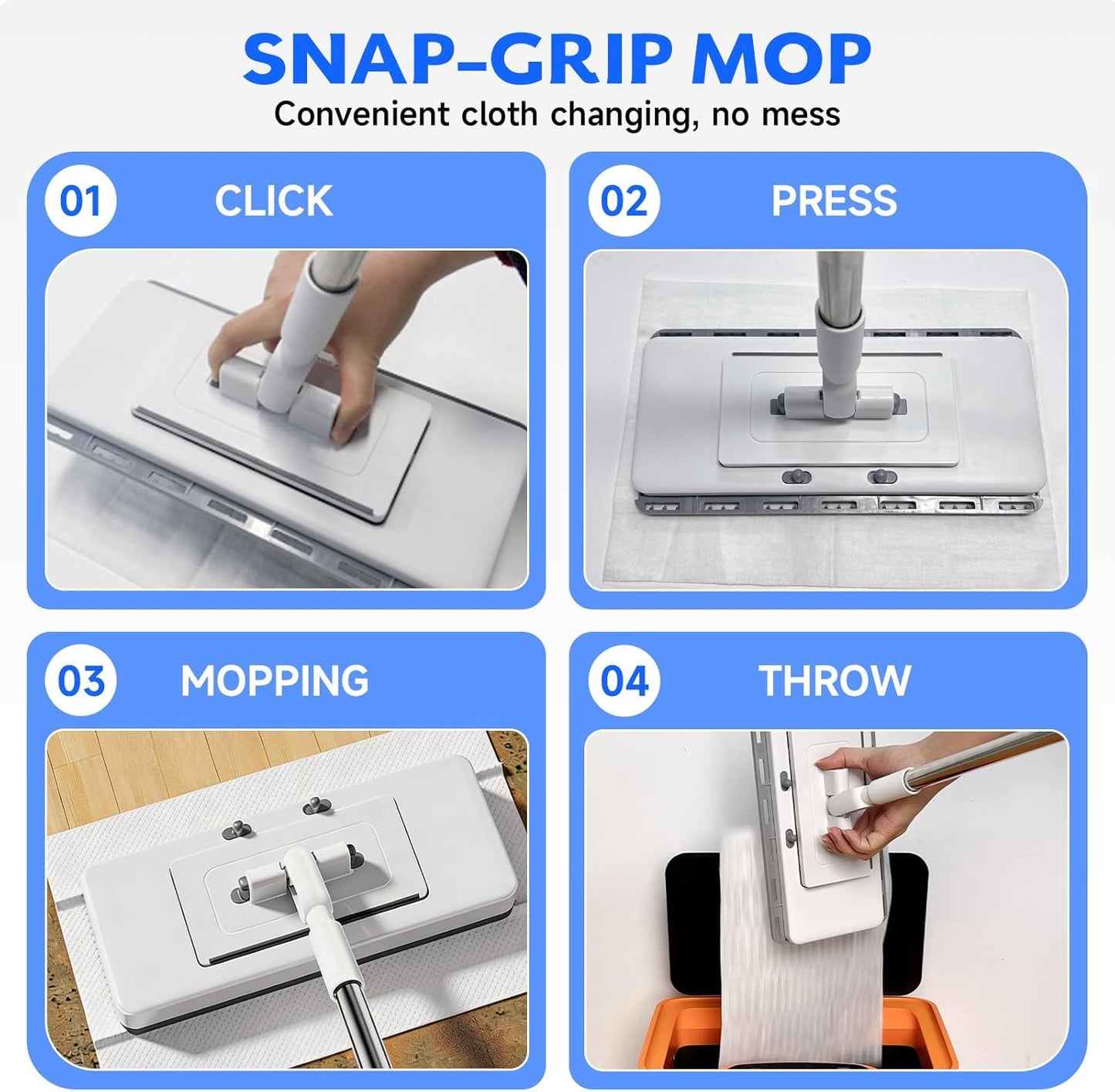 New 2-in-1 Push Clamp Lazy Mop – Hands Free Flat Mops, Quick Mopping & Sweeping, Compatible with Most Pads, Adjustable Handle, Perfect for Homes with Kids & Pets, 10 Dust Cloths(Large Flat Mop)