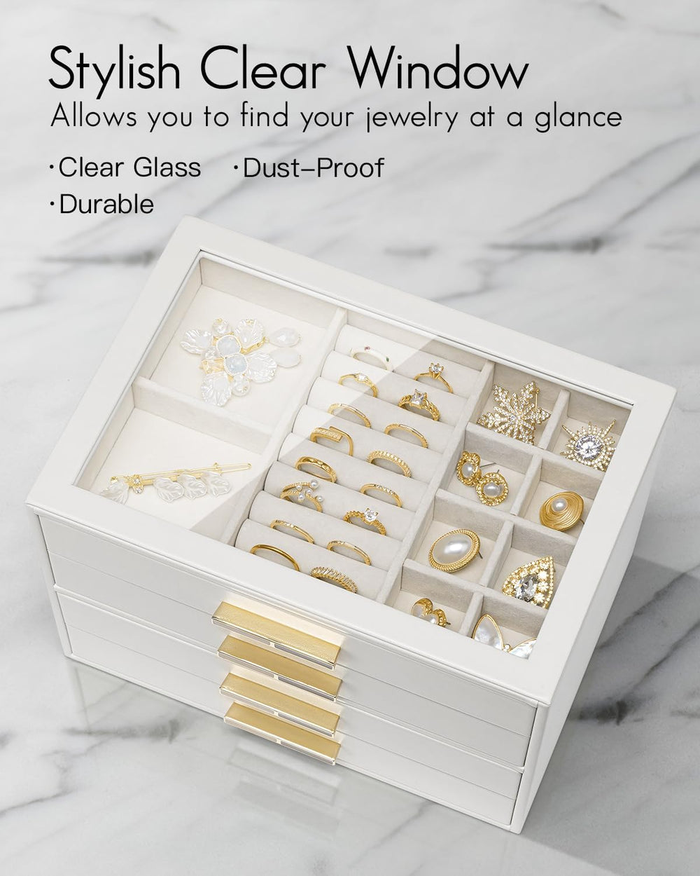 VLANDO Jewelry Box Organizer, 7-Layer Storage Drawers, Glass Window, Modern