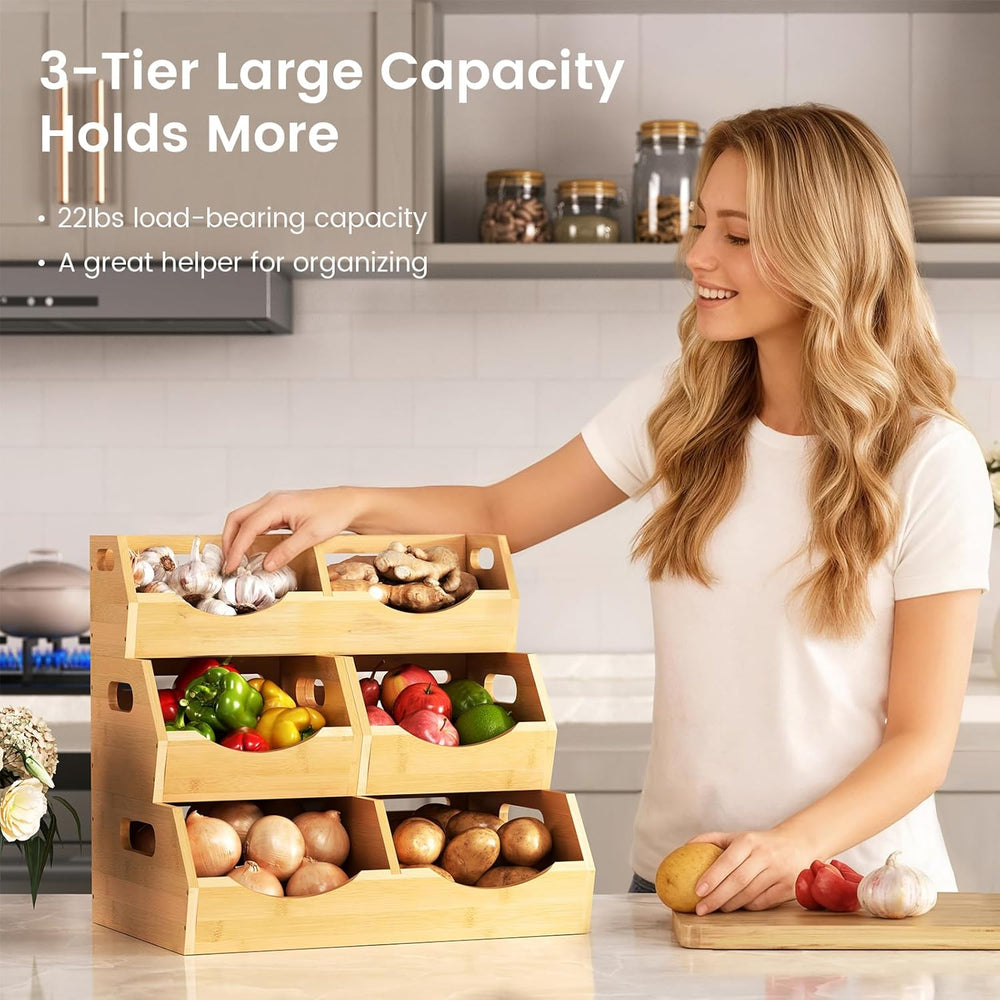 Onion Storage Bins Potato, 3 Tier Bamboo Pantry Storage Bin Stackable Ventila...