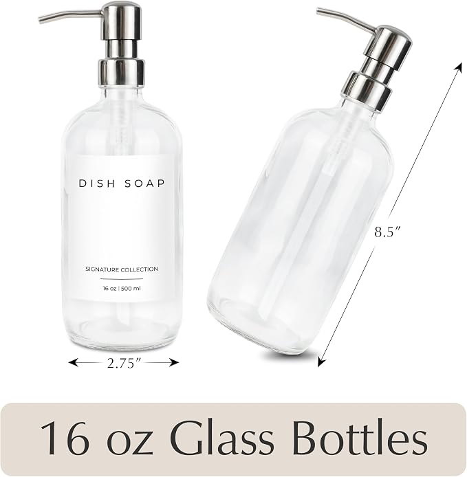 Emerson Essentials Glass Soap Bottle Dispensers, 2 Pack, Stainless-Steel Pumps - Image 2