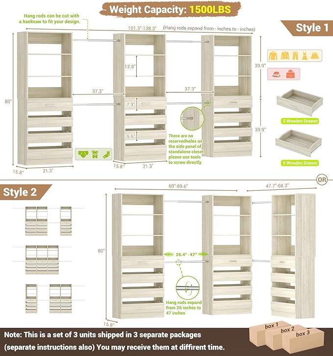 Aheaplus Closet System with 12 Drawers, 8.5-11.5Ft Wood Closet Organizer System - Image 7