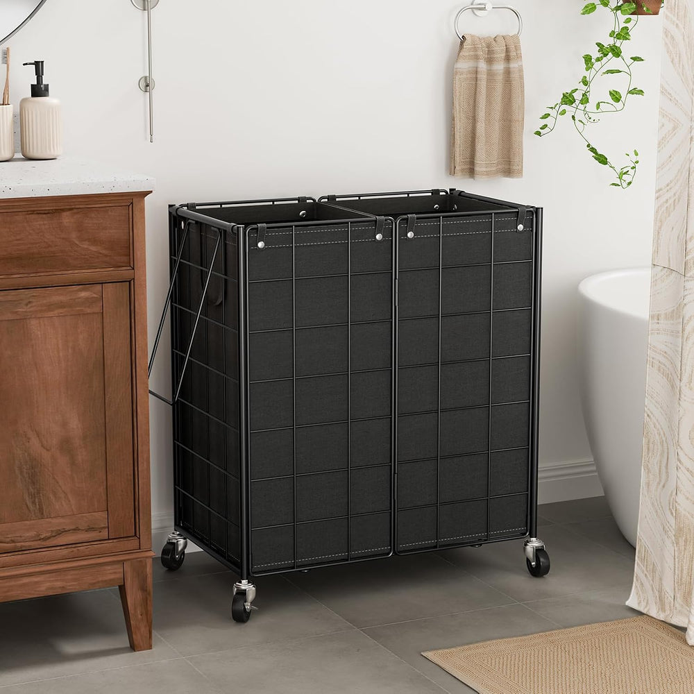 WOWLIVE Double Laundry Hamper with Wheels, Metal Rolling Laundry Basket