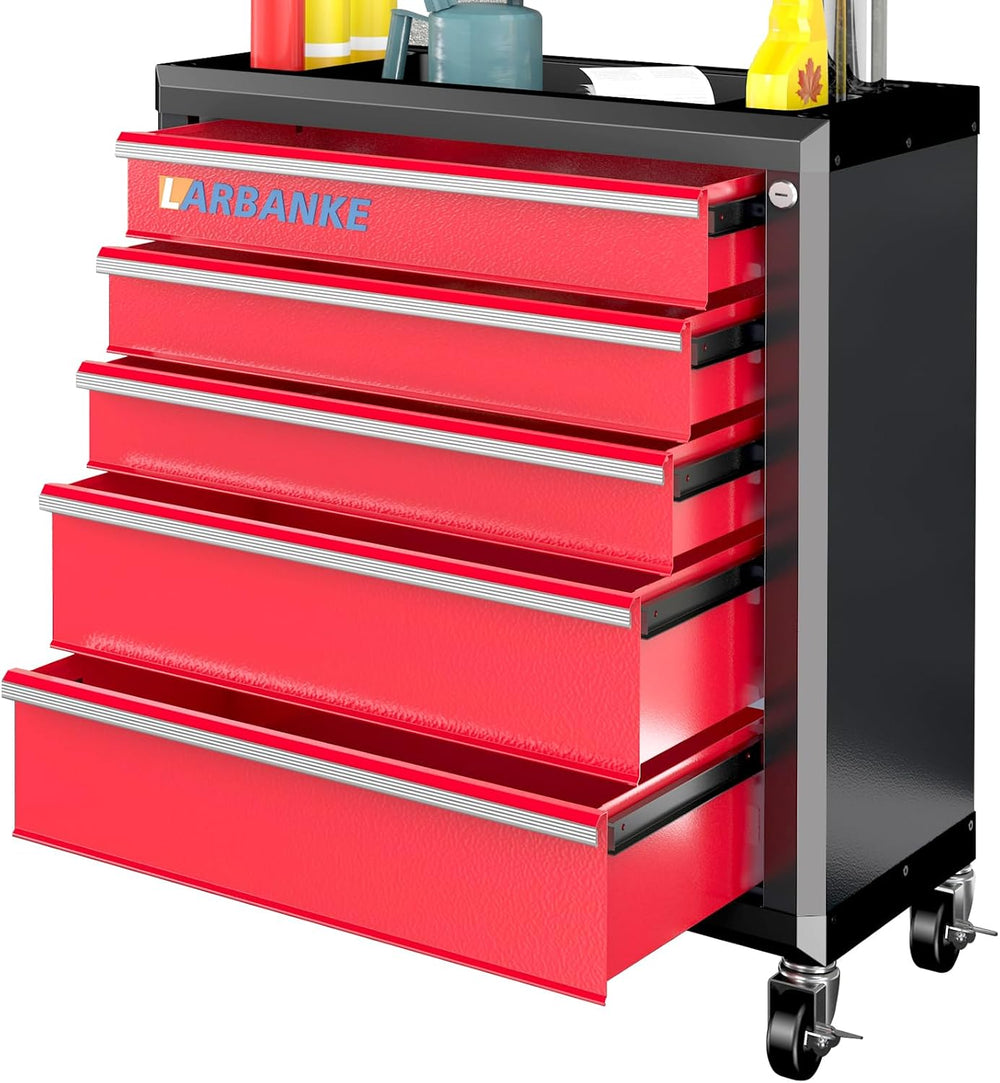 LARBANKE 5-Drawer Rolling Tool Chest with Wheels and Lock, Red & Black