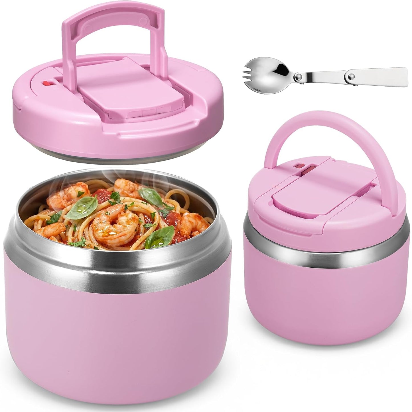 14oz Vacuum Insulated Food Jar with Spoon Buckle Lid, Kids Soup Thermo for Hot Food Wide Mouth Leakproof Stainless Steel Lunch Container - Pink