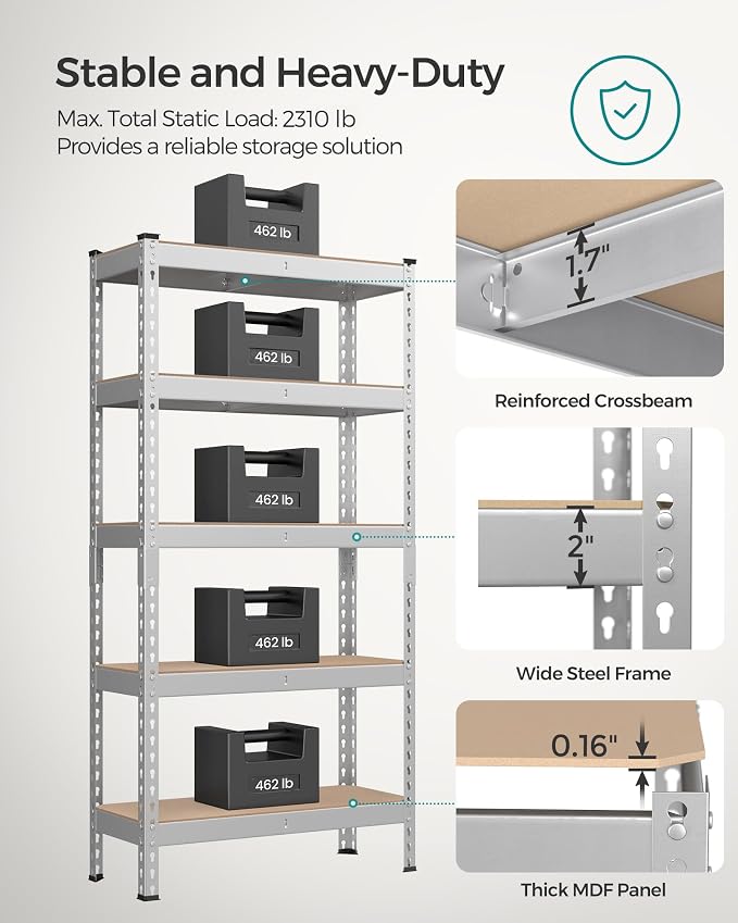 SONGMICS 5-Tier Storage Shelves, Load 2310 lb, Boltless Assembly, Adjustable - Image 4