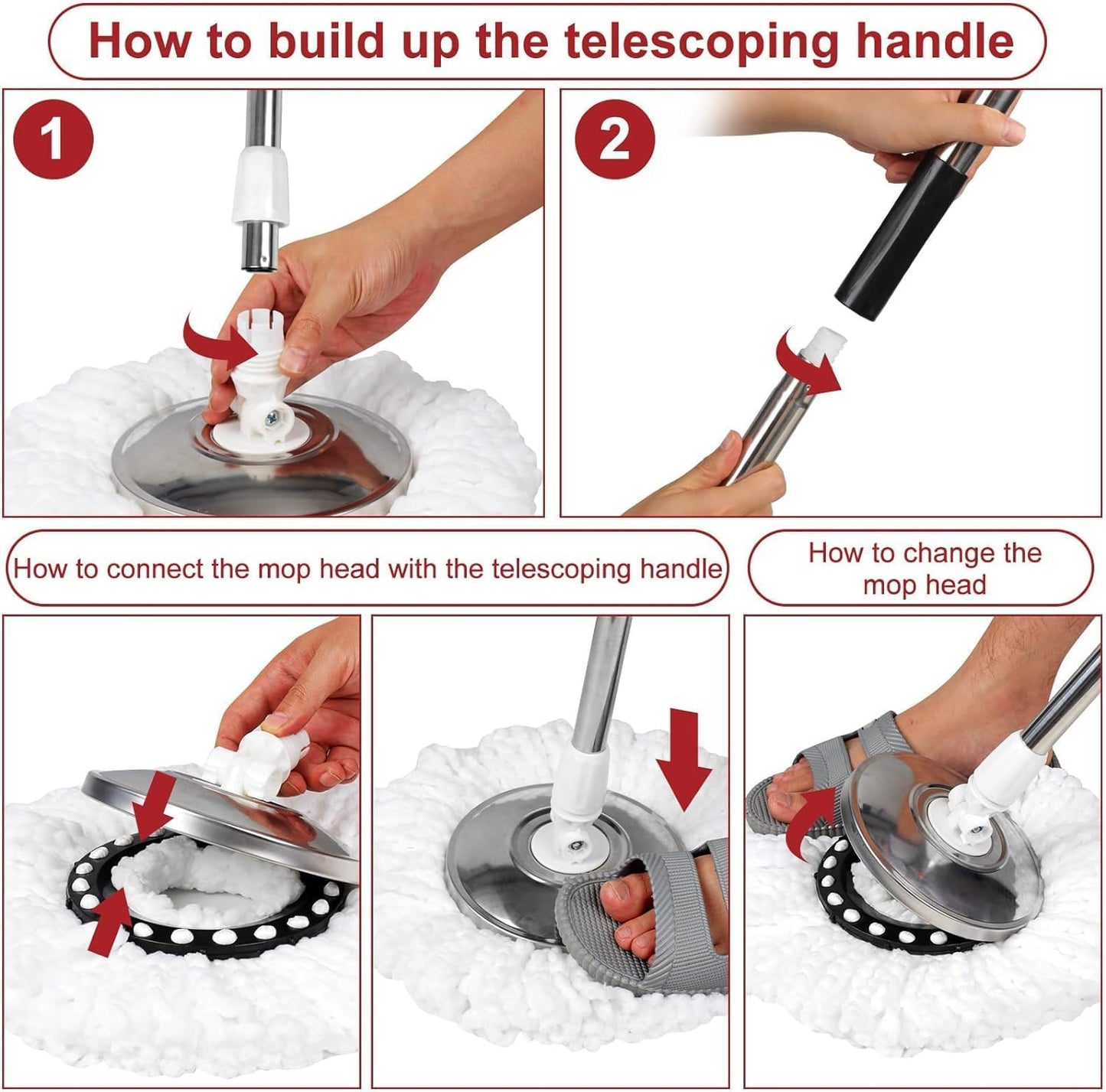 Spin Mop Replacement Handle,360°Spin Mop Pole Handle Replacement Rotating Telescopic Stick for Head Replace, 2 Microfiber Mop,37-to-61 inch Mop Stick Spinning Household Cleaning Accessories for Home
