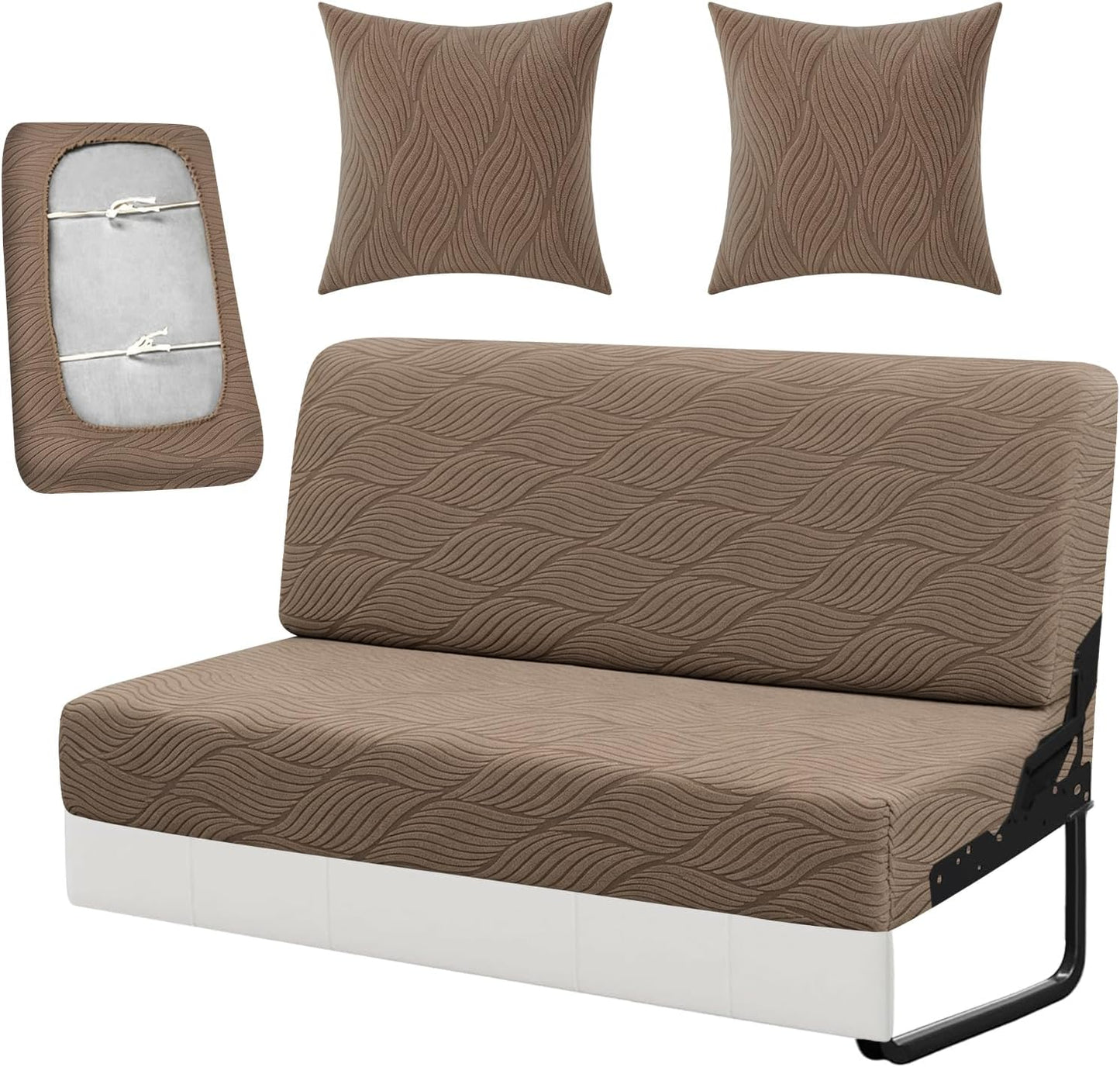 RV Couch Covers for Sofa Bed with 2 Pillow Covers, 2-Piece Backrest and Seat Slip Covers, for Jackknife Sofa, RV Furniture Cover (Brown)