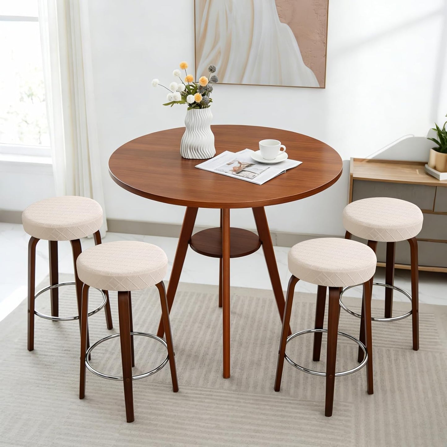 YISUN Stool Covers Round - 4 Pack Waterproof Stretch Seat Slipcover 16-18 Inch Counter Bar Stools, Washable Seat Cushion Slipcover Protector for Kitchen Island Home Bar - Beige