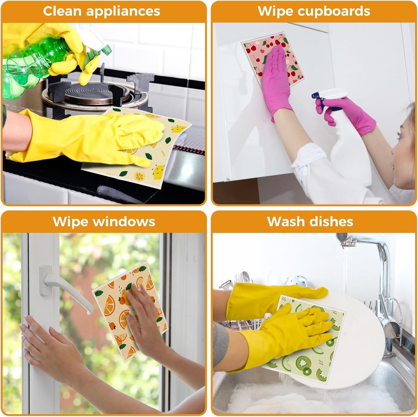 wlich 10 Pack Swedish Dishcloths, Reusable Kitchen Towels with Clips, Fruit | Non-Scratch Kitchen Towels and Dishcloths Sets, Washable Swedish Dish Cloths with Clips, for Dishes, Counters, Glass, Sink