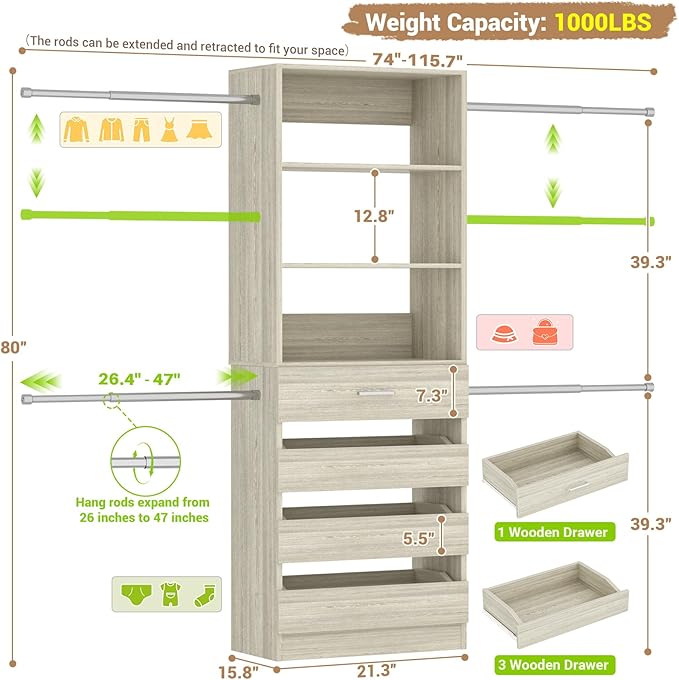 Aheaplus Closet System, 4-9Ft Closet Organizer - Image 7