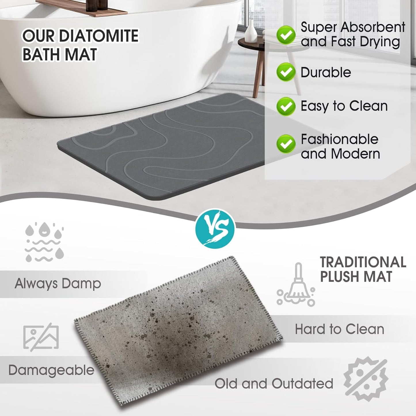 ZIKIBL Stone Bath Mat Diatomaceous Earth Shower Mat Non-Slip Super Absorbent Diatomite Stone Mats for Bathroom Floor Quick-Drying Easy to Clean (24''*16'' Grey)